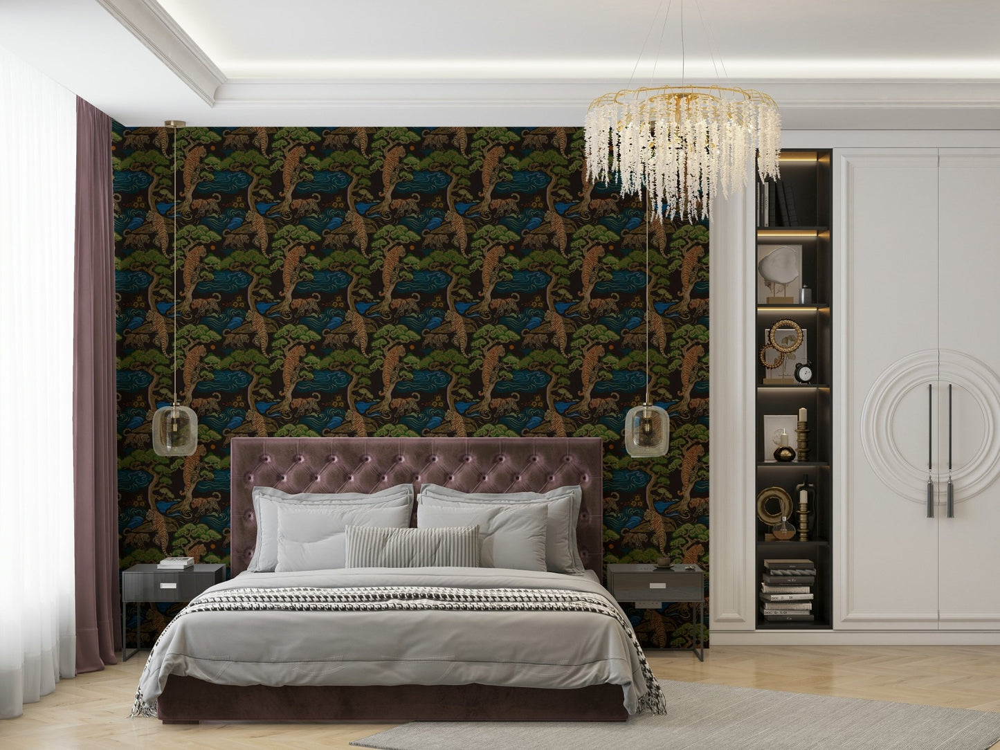 An exotic wildlife mural on decorative wallpaper.

