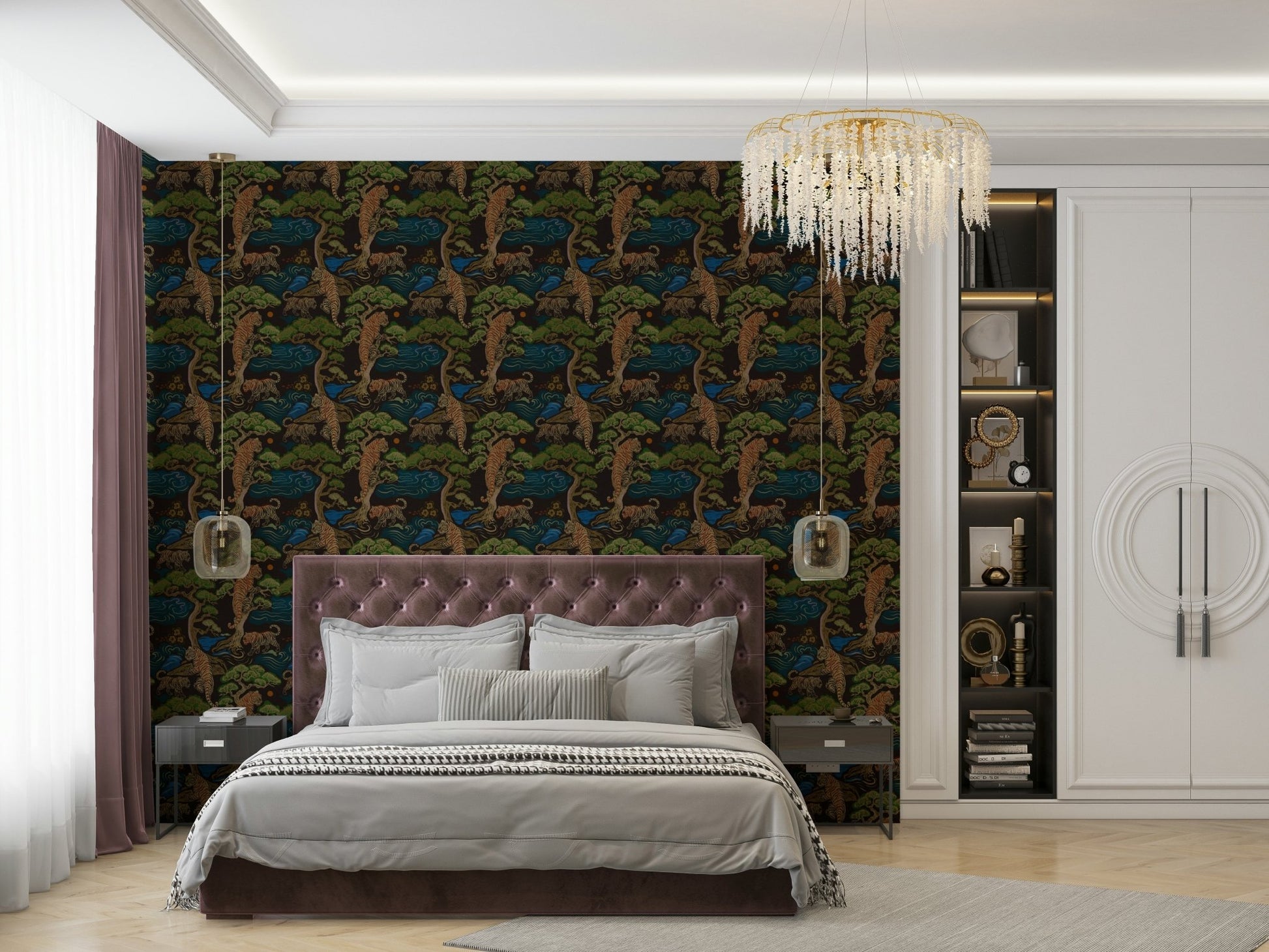 An exotic wildlife mural on decorative wallpaper.


