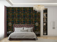 An exotic wildlife mural on decorative wallpaper.

