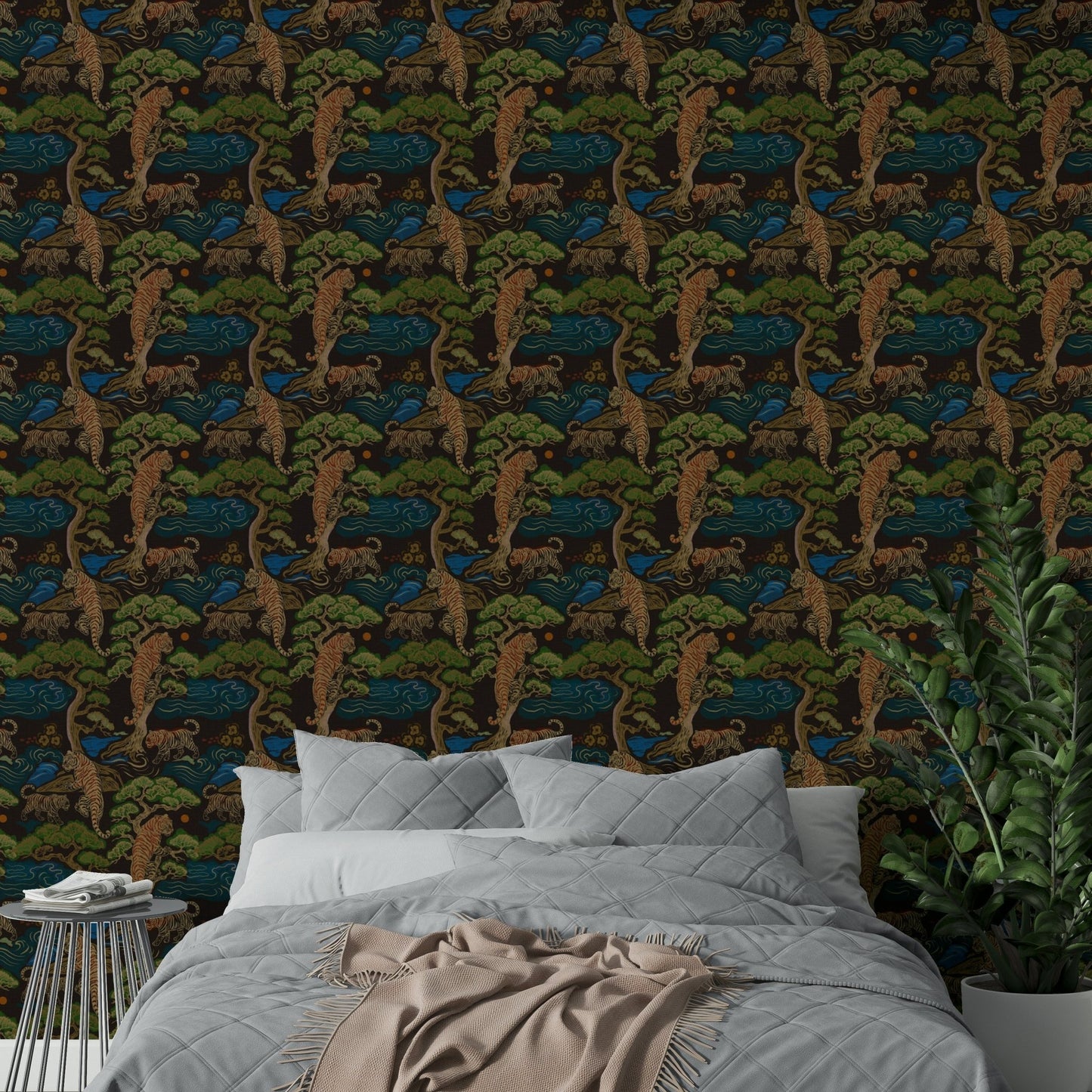 A graceful animal print wall mural in rich, dark tones.

