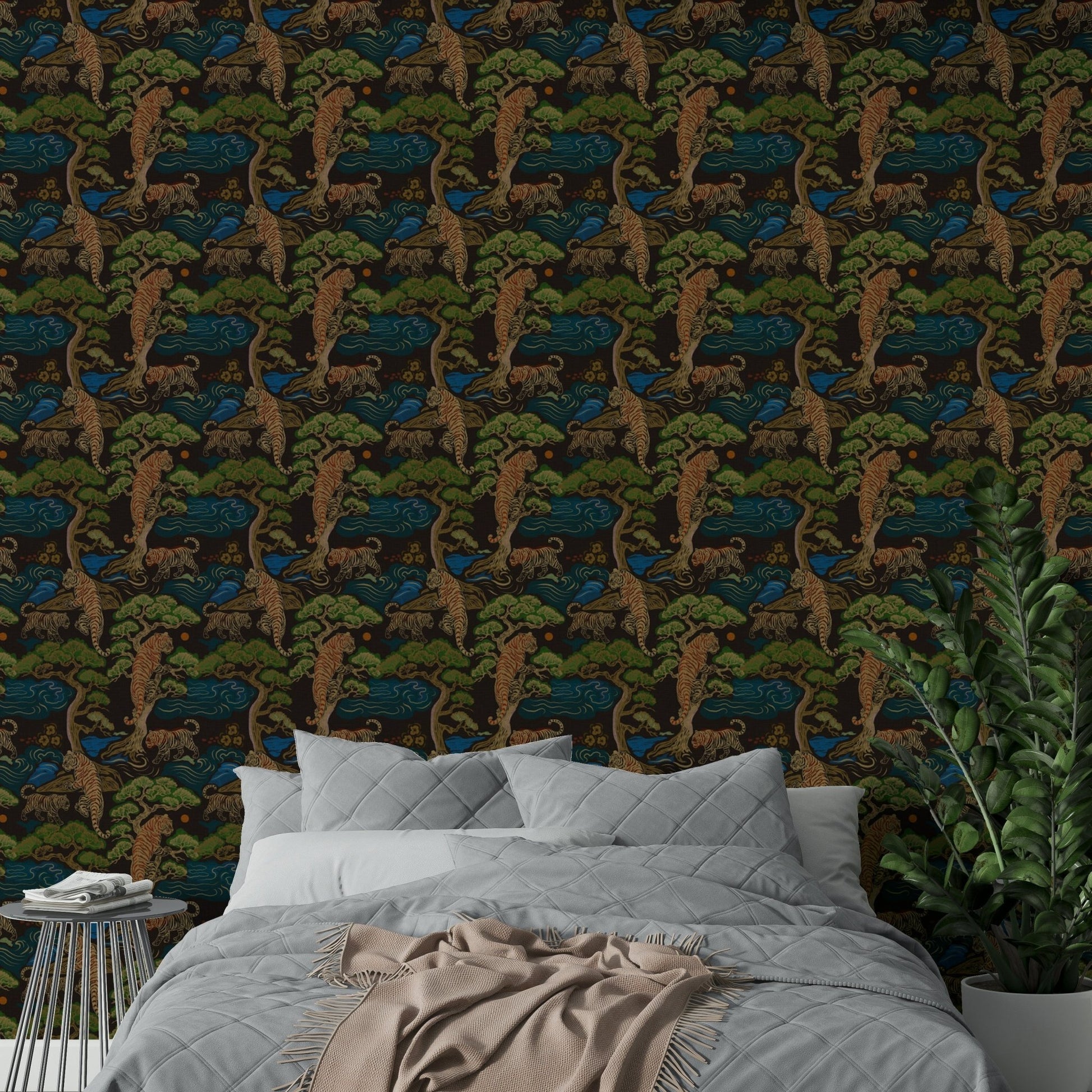 A graceful animal print wall mural in rich, dark tones.

