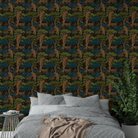 A graceful animal print wall mural in rich, dark tones.

