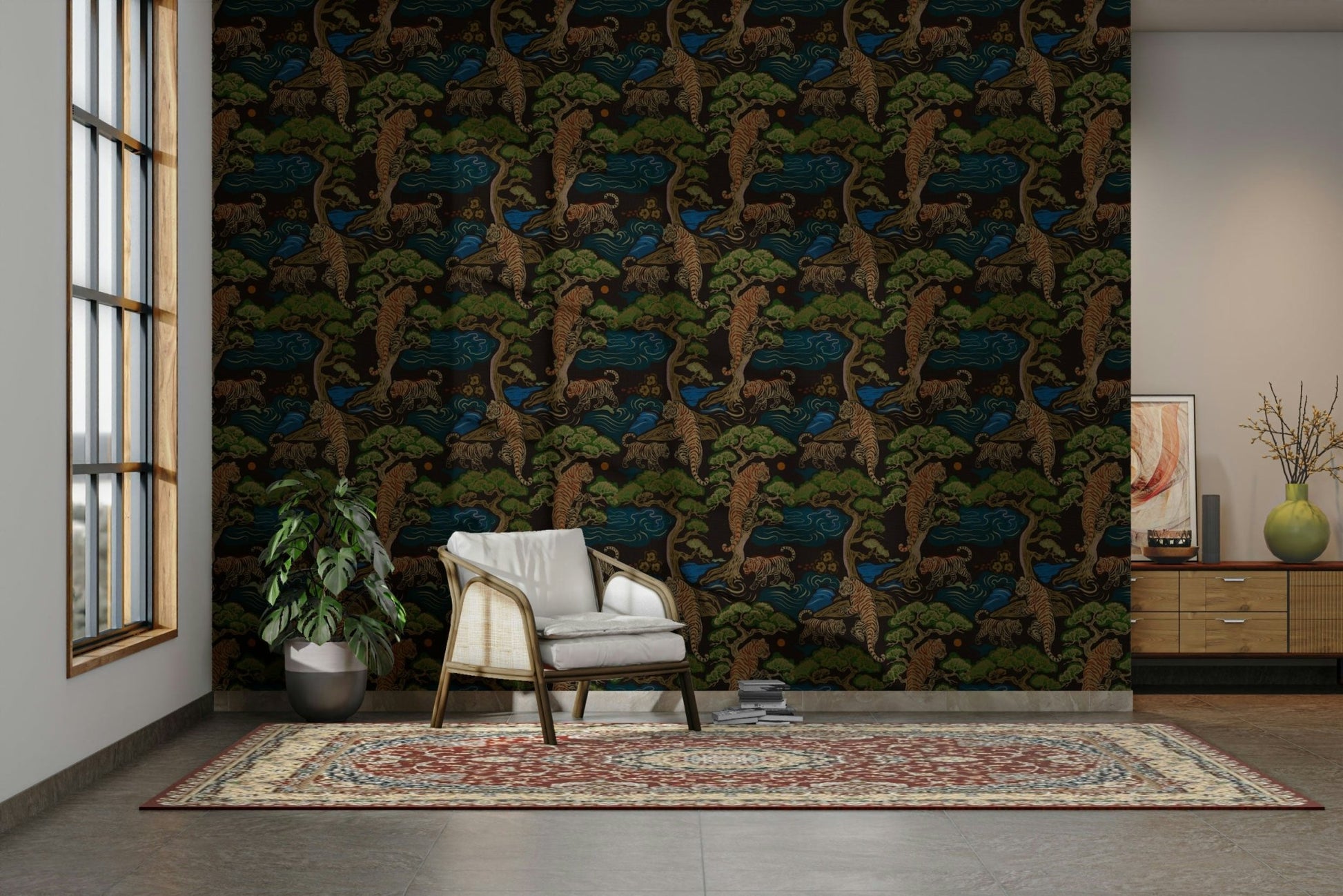 A classic jungle tiger wallpaper for walls with a wild motif.


