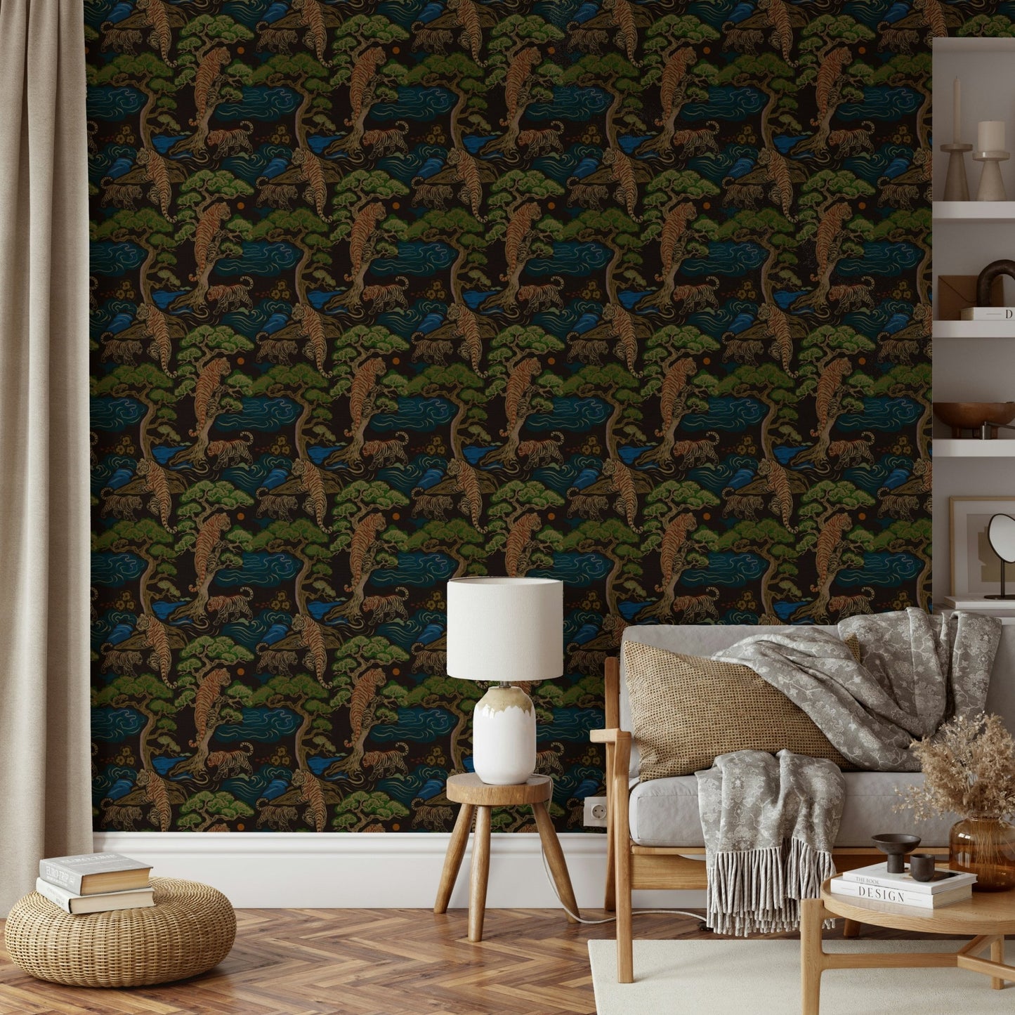 A sophisticated tiger and botanical wallpaper mural design.

