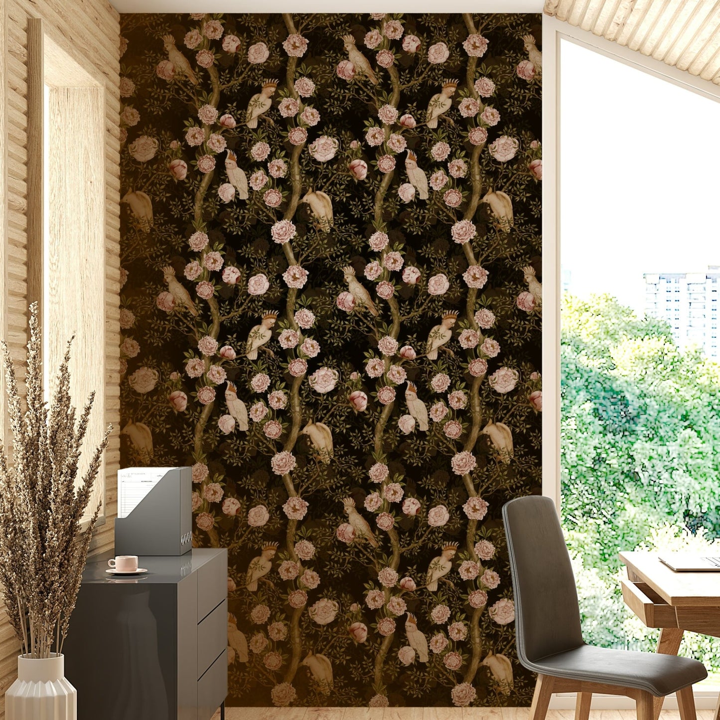 Botanical mural wallpaper with leaf patterns

