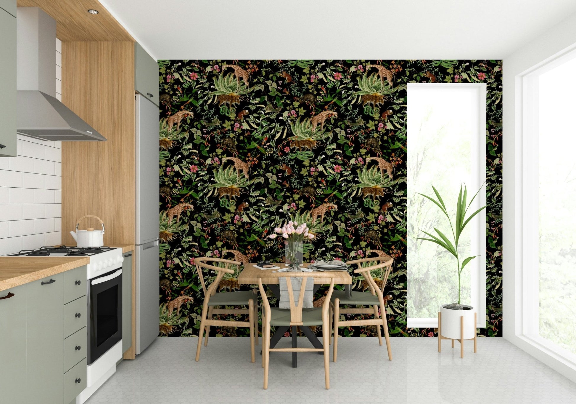 Vibrant wildlife pattern with plants and animals in soft hues., GD1398