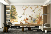 Magical forest scene wall mural with wild creatures

