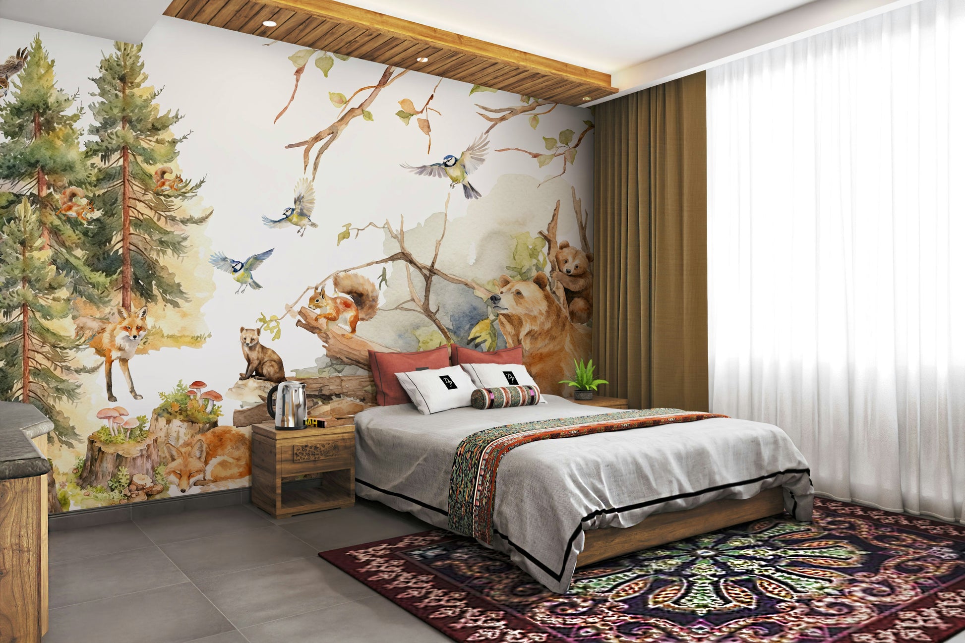 Nature-inspired wall mural featuring forest and wildlife

