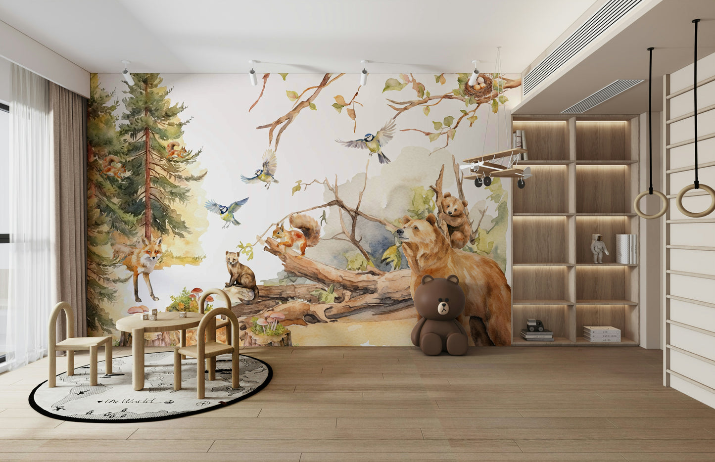 Detailed nature design with trees and forest animals

