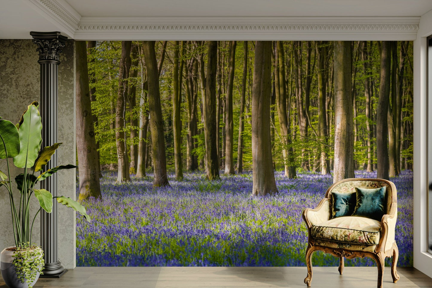 The ground is covered in a carpet of blue and purple flowers.

