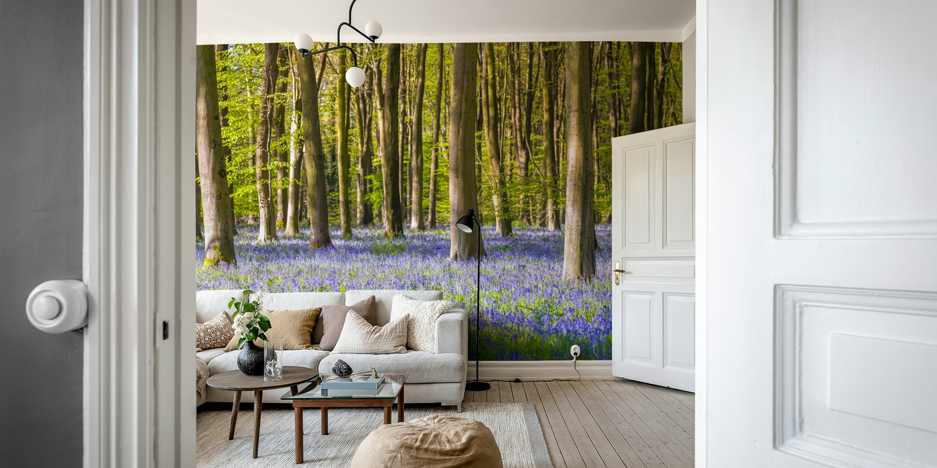 A peaceful wall mural of a quiet forest.

