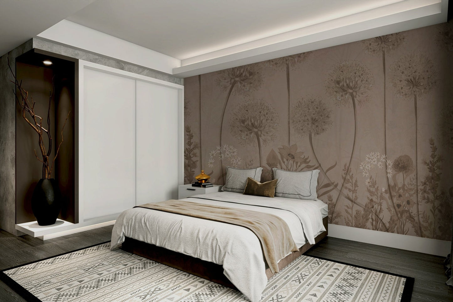 An elegant wall mural with a pattern of wildflowers.

