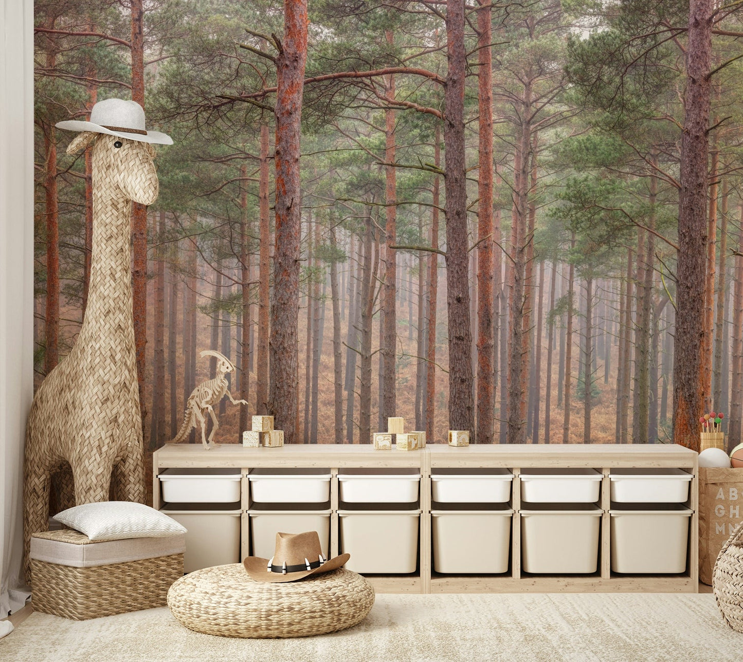 The forest floor is covered with ferns and foliage.

