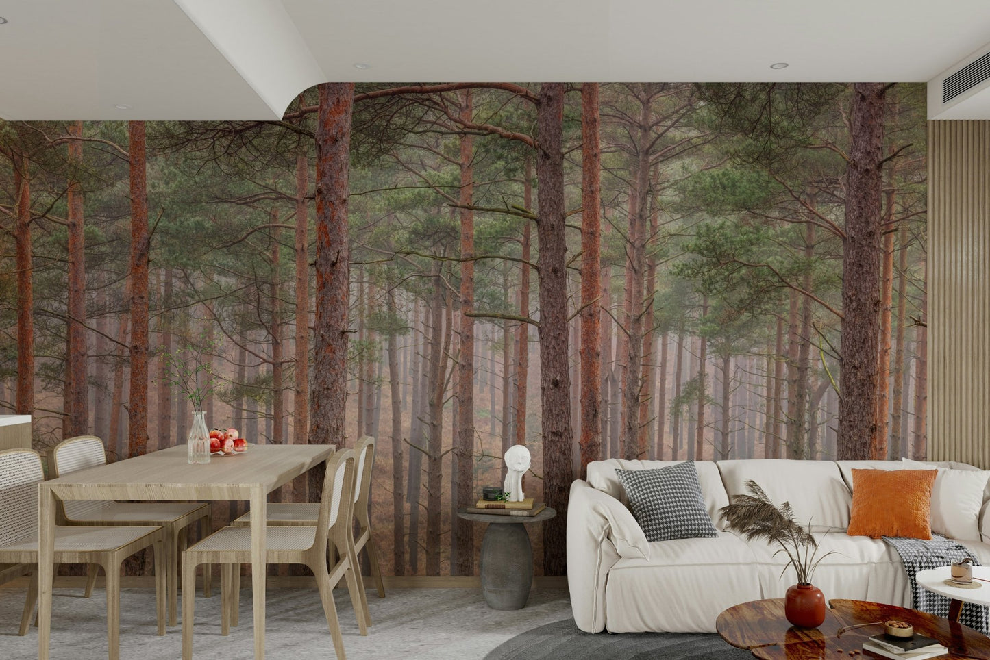 A wall mural featuring a forest scene.

