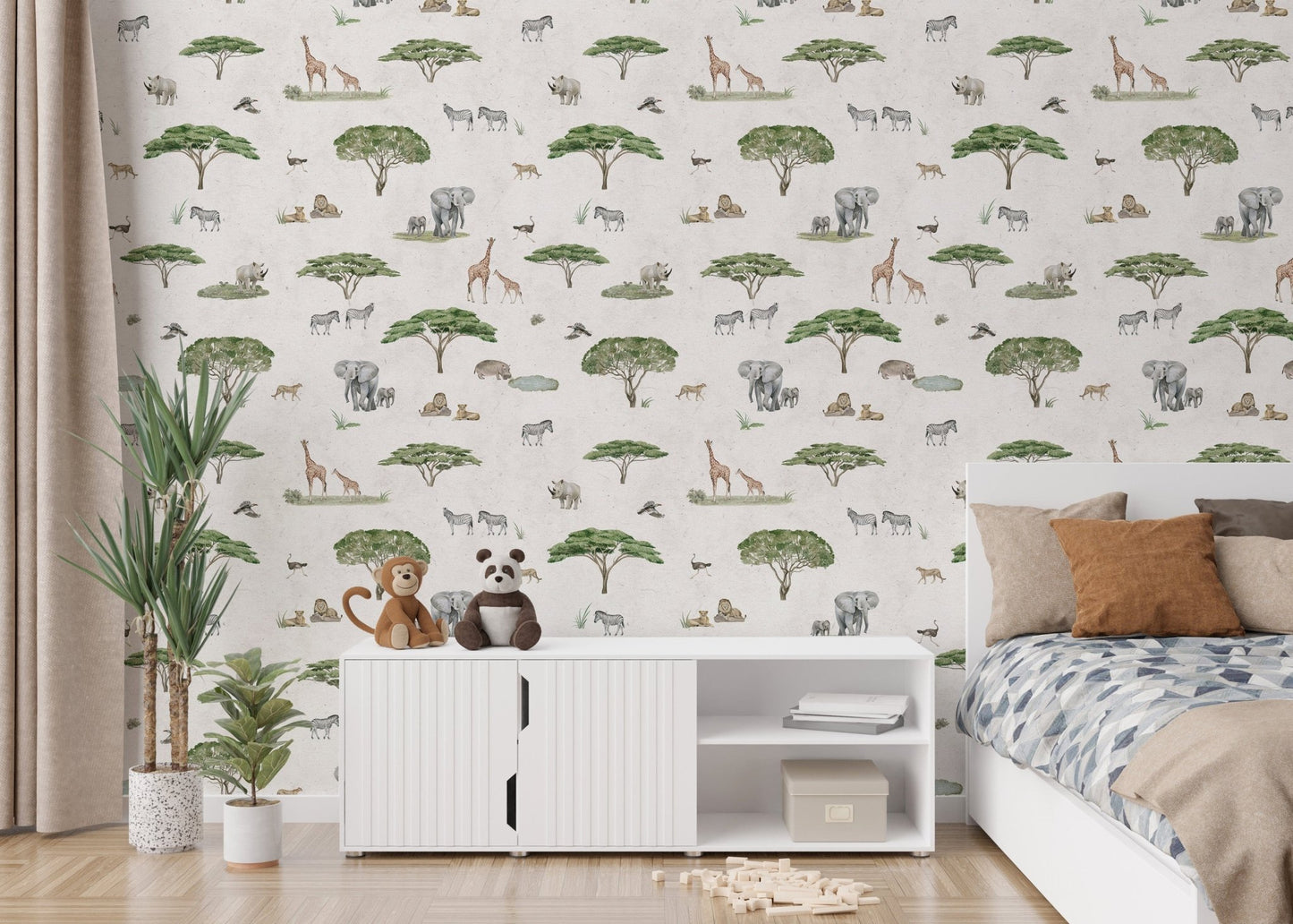 Hand-drawn savannah animals on white
