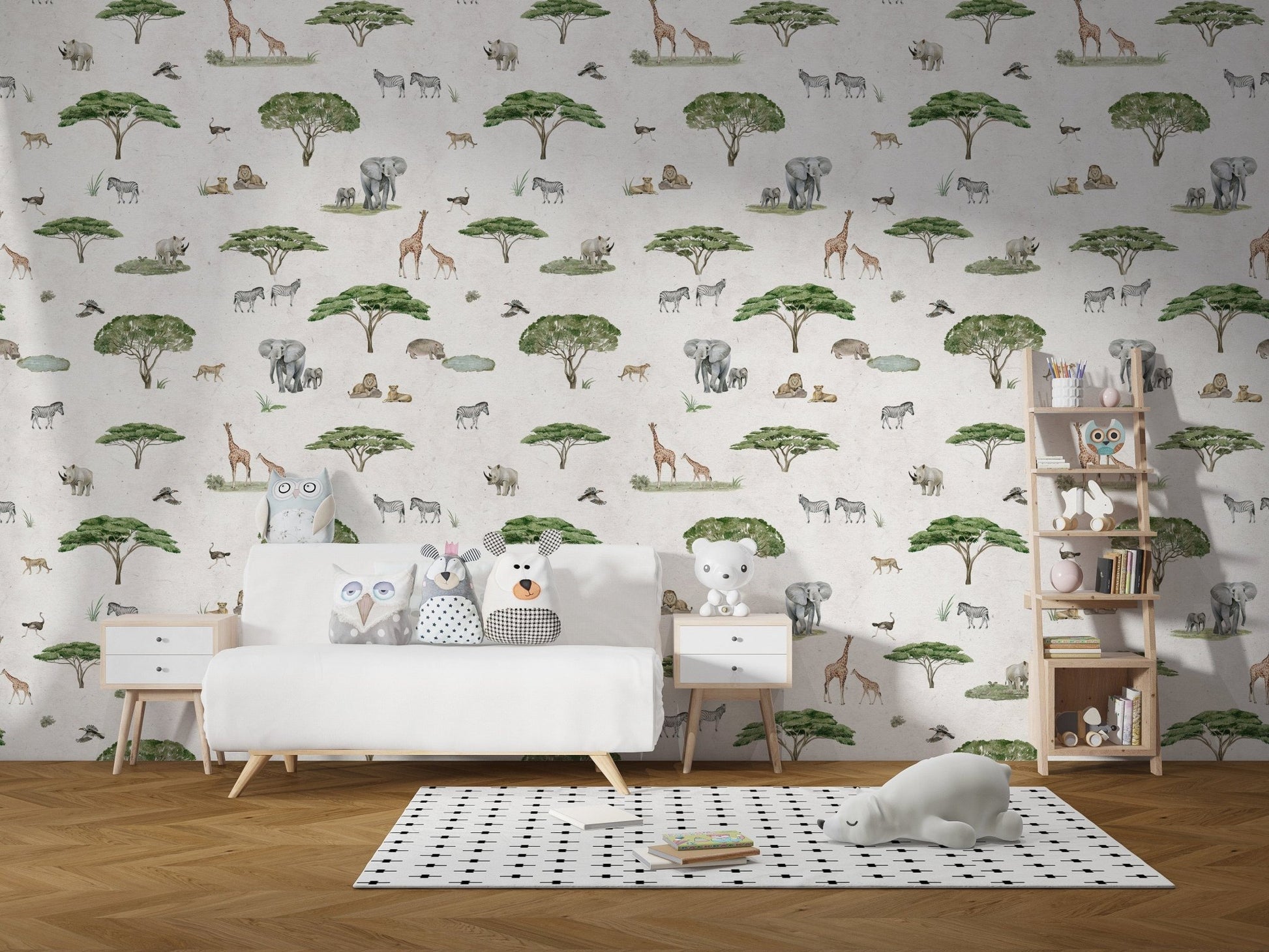 White wallpaper with jungle wildlife scene
