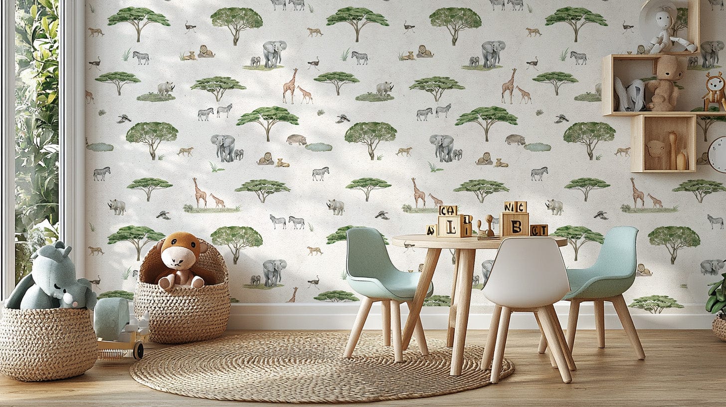 Giraffes and elephants safari wallpaper
