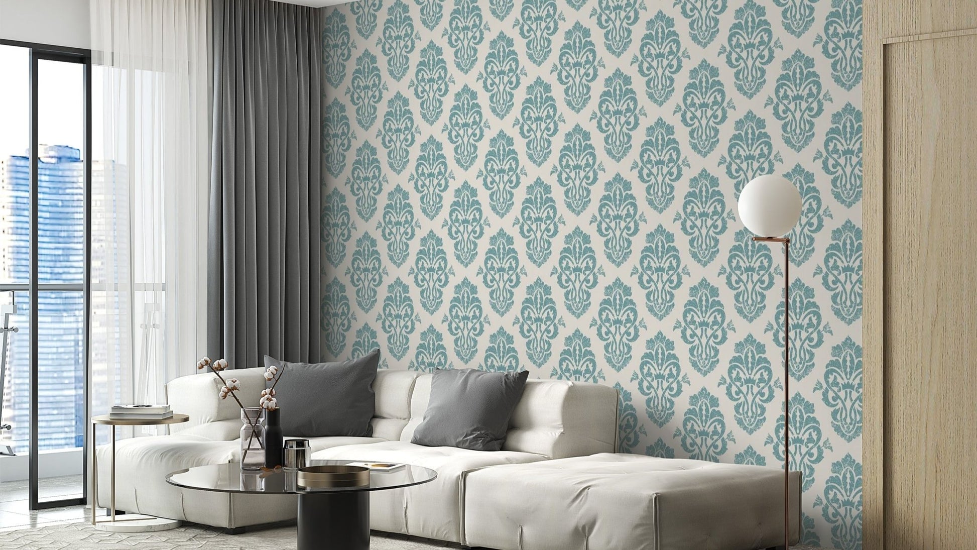White and Blue Damask Wall Mural