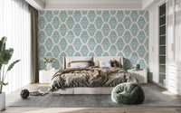 White and Blue Damask Pattern Wallpaper Mural