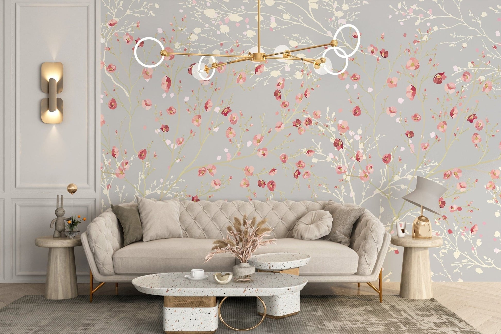 Elegant white and red floral wallpaper mural A155