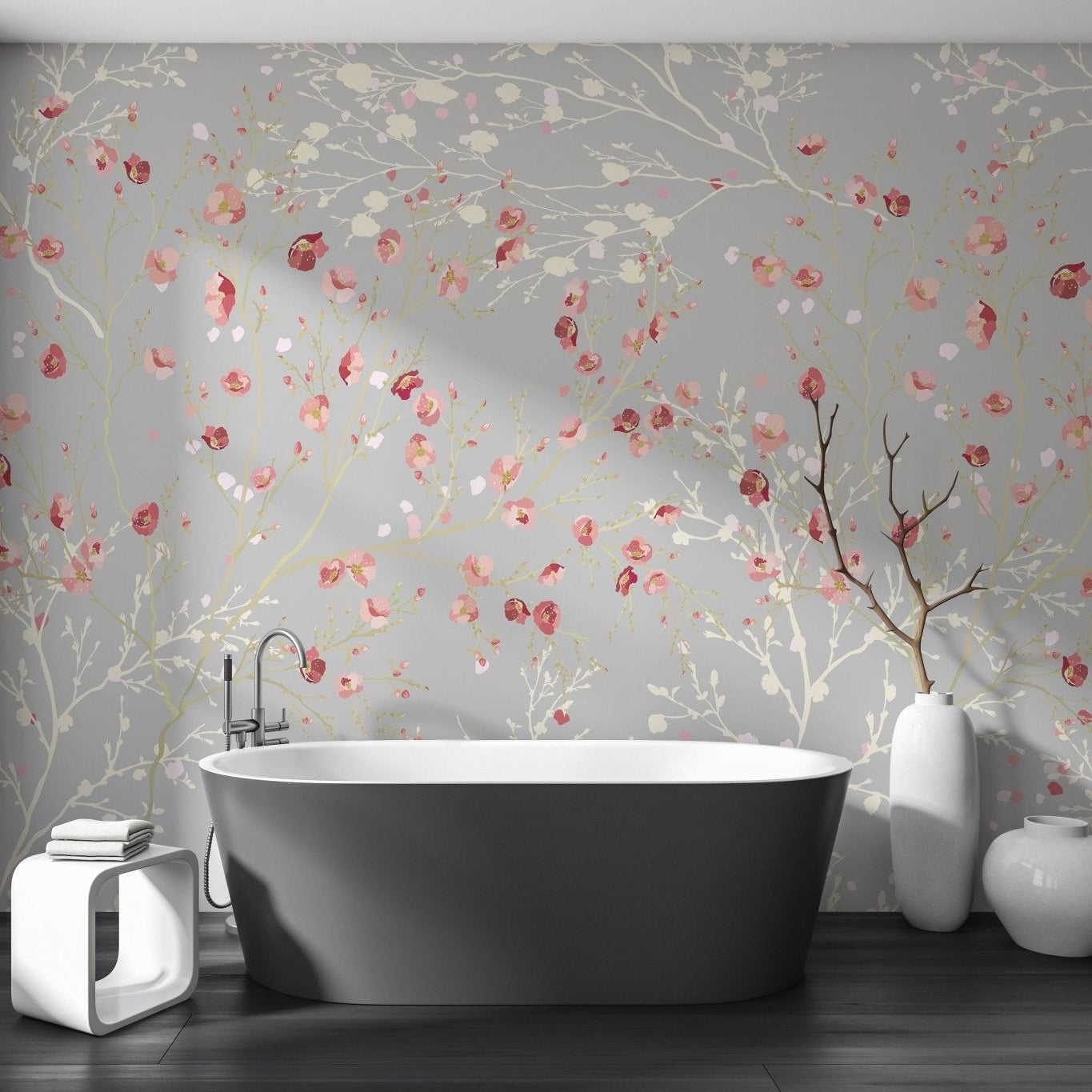 White and red flower wallpaper mural A155