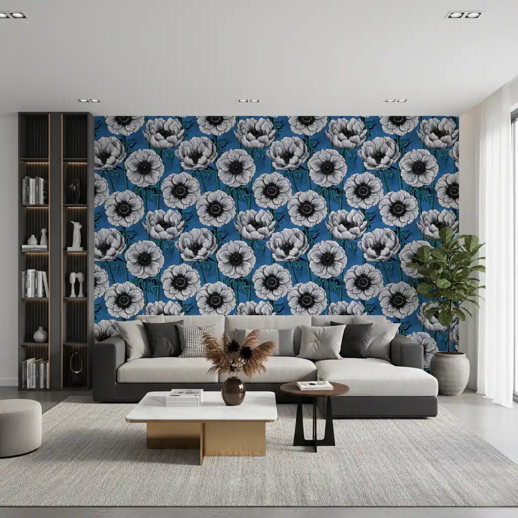 Hallway finished in White Anemone Garden wallpaper on a rich blue base