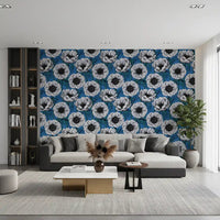 Hallway finished in White Anemone Garden wallpaper on a rich blue base