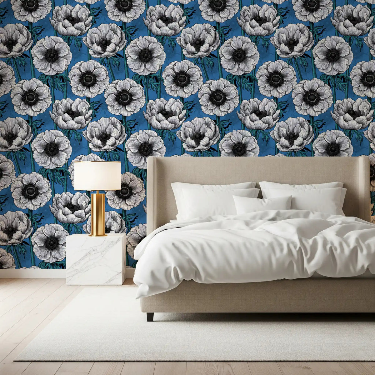 Bedroom styled with White Anemone Garden wallpaper and white blooms, GD9298