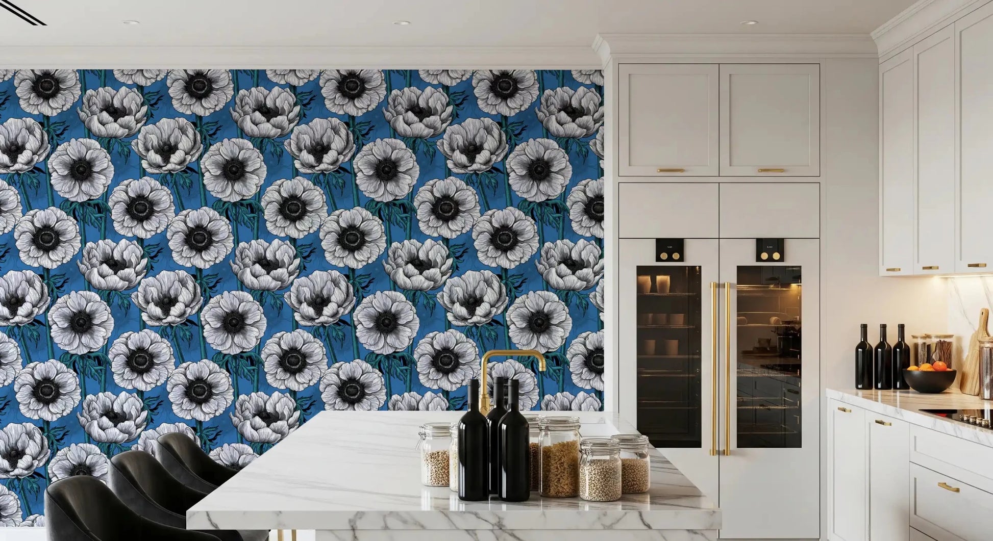 Botanical detail in White Anemone Garden wallpaper with layered petals
