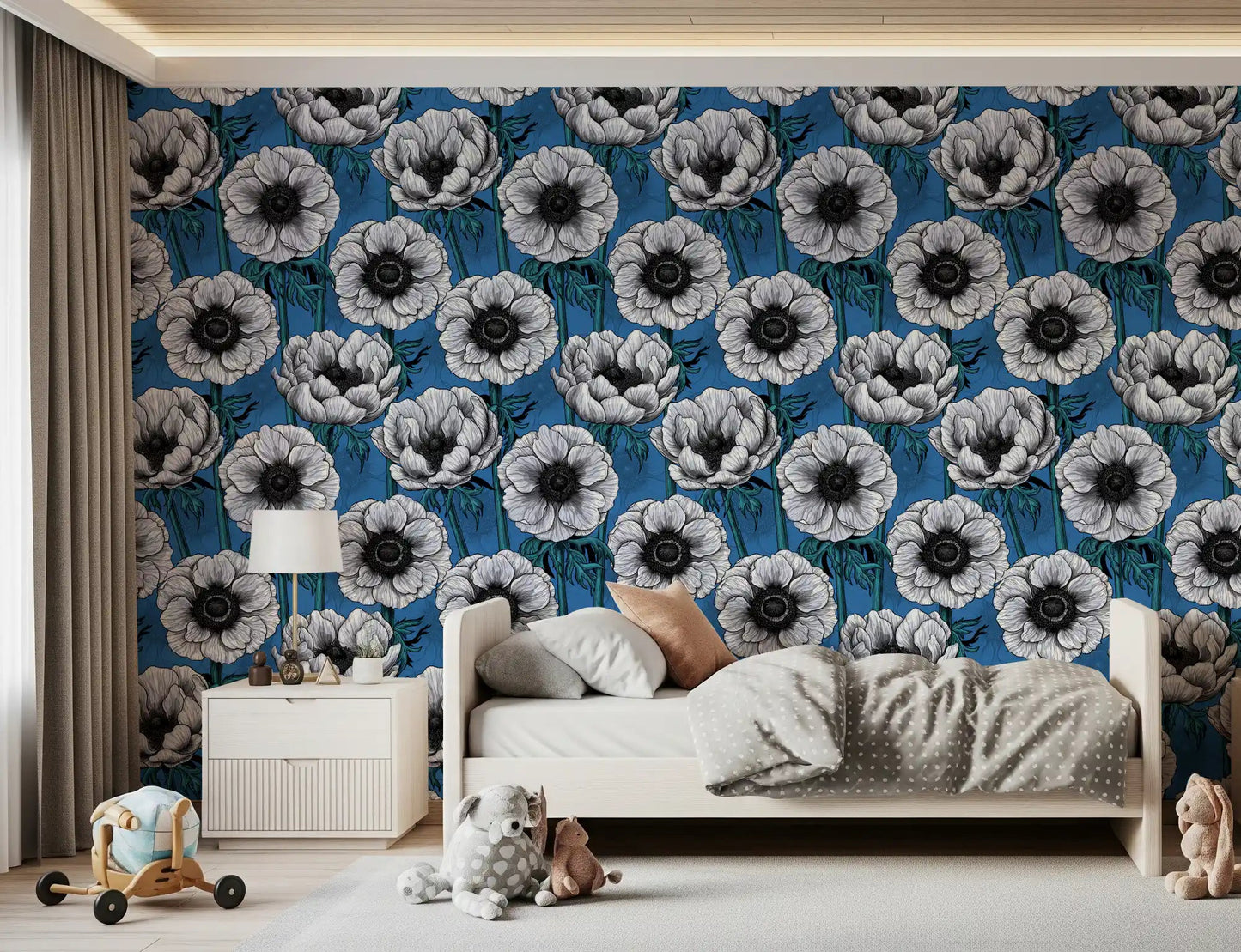 Bedroom space with White Anemone Garden wallpaper and dark flower centers