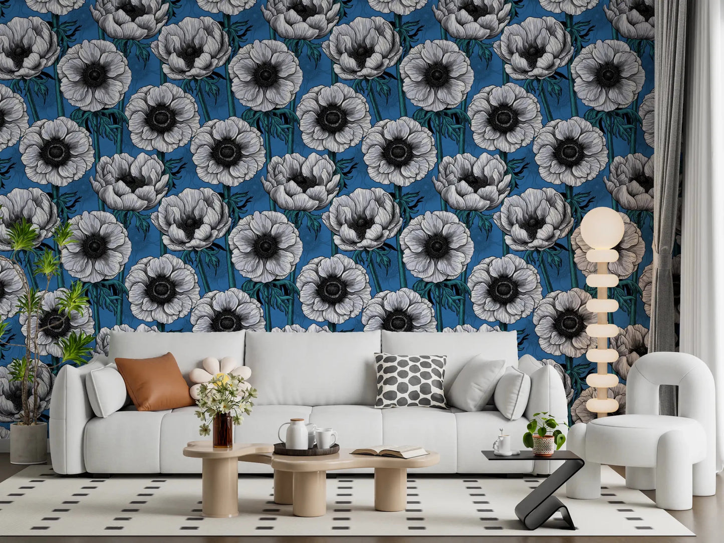 Living room wall in White Anemone Garden wallpaper with blue floral contrast