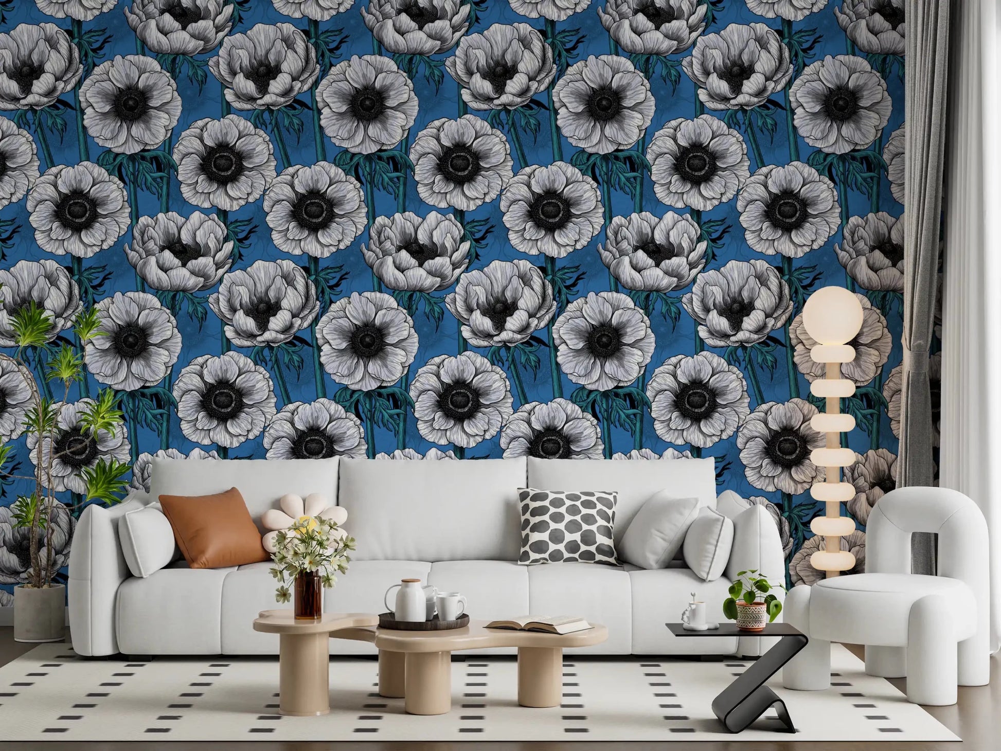 Living room wall in White Anemone Garden wallpaper with blue floral contrast