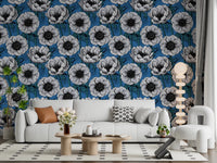 Living room wall in White Anemone Garden wallpaper with blue floral contrast