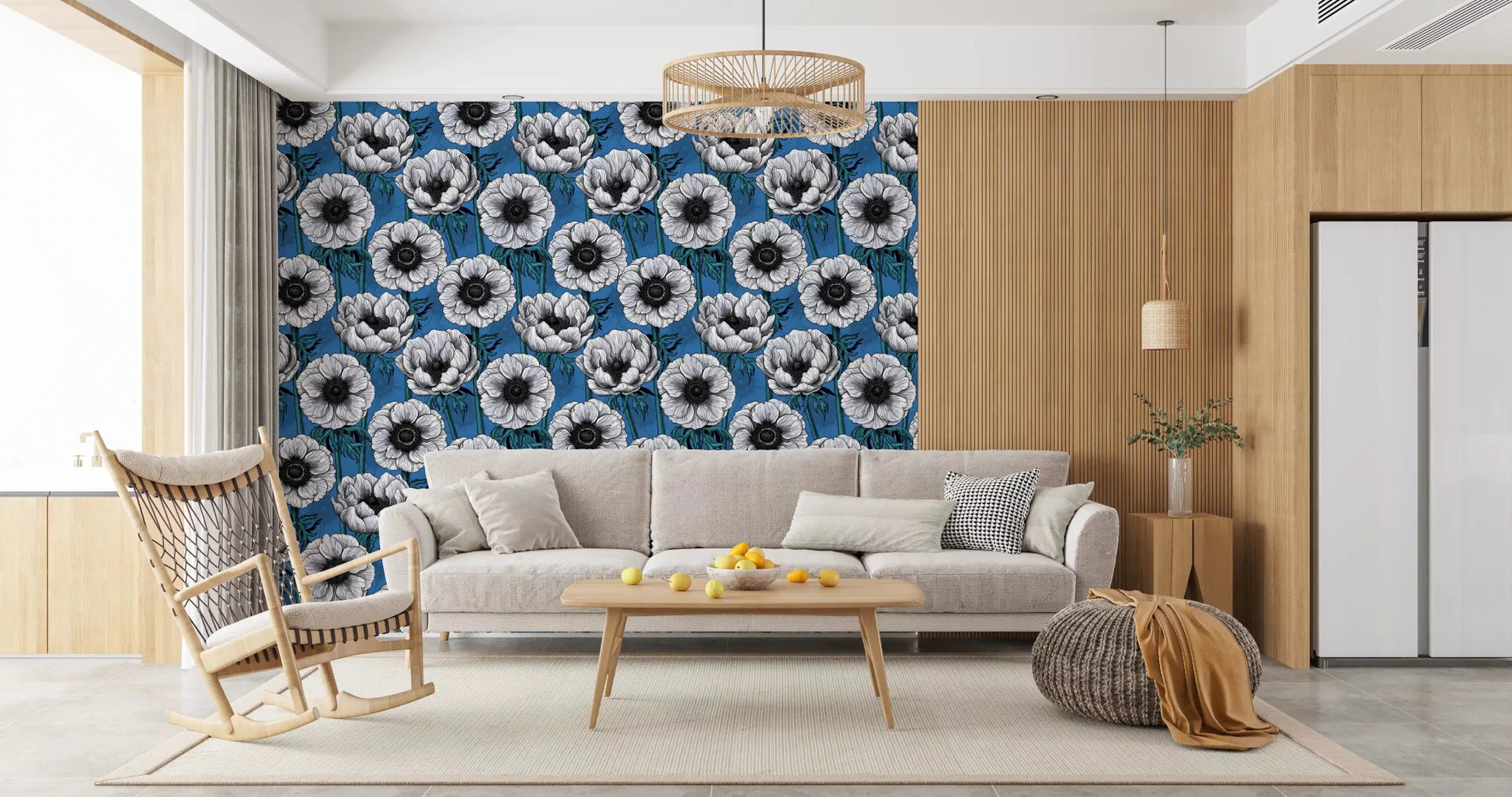 Decorative blue wallpaper with White Anemone Garden and soft floral forms