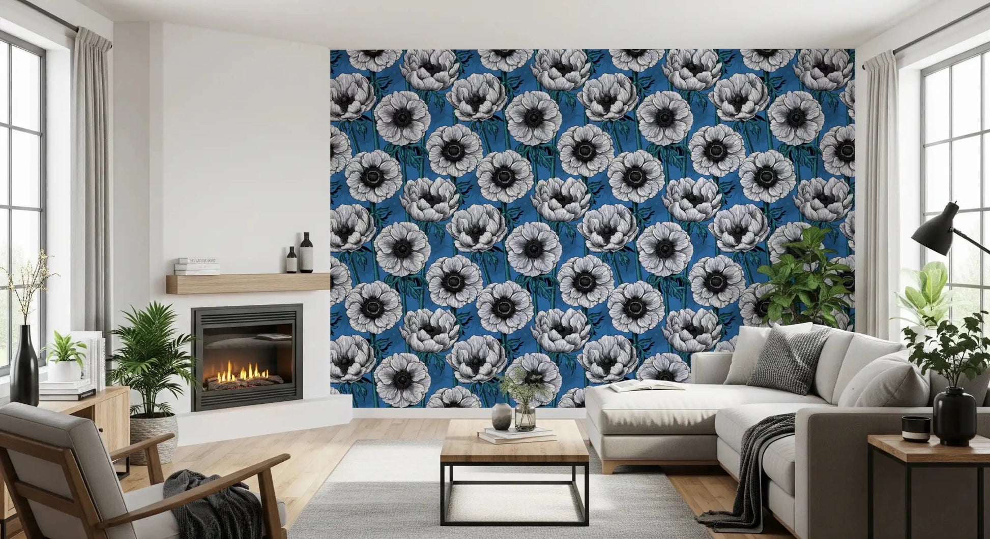 Crisp bloom pattern from White Anemone Garden wallpaper with bold contrast