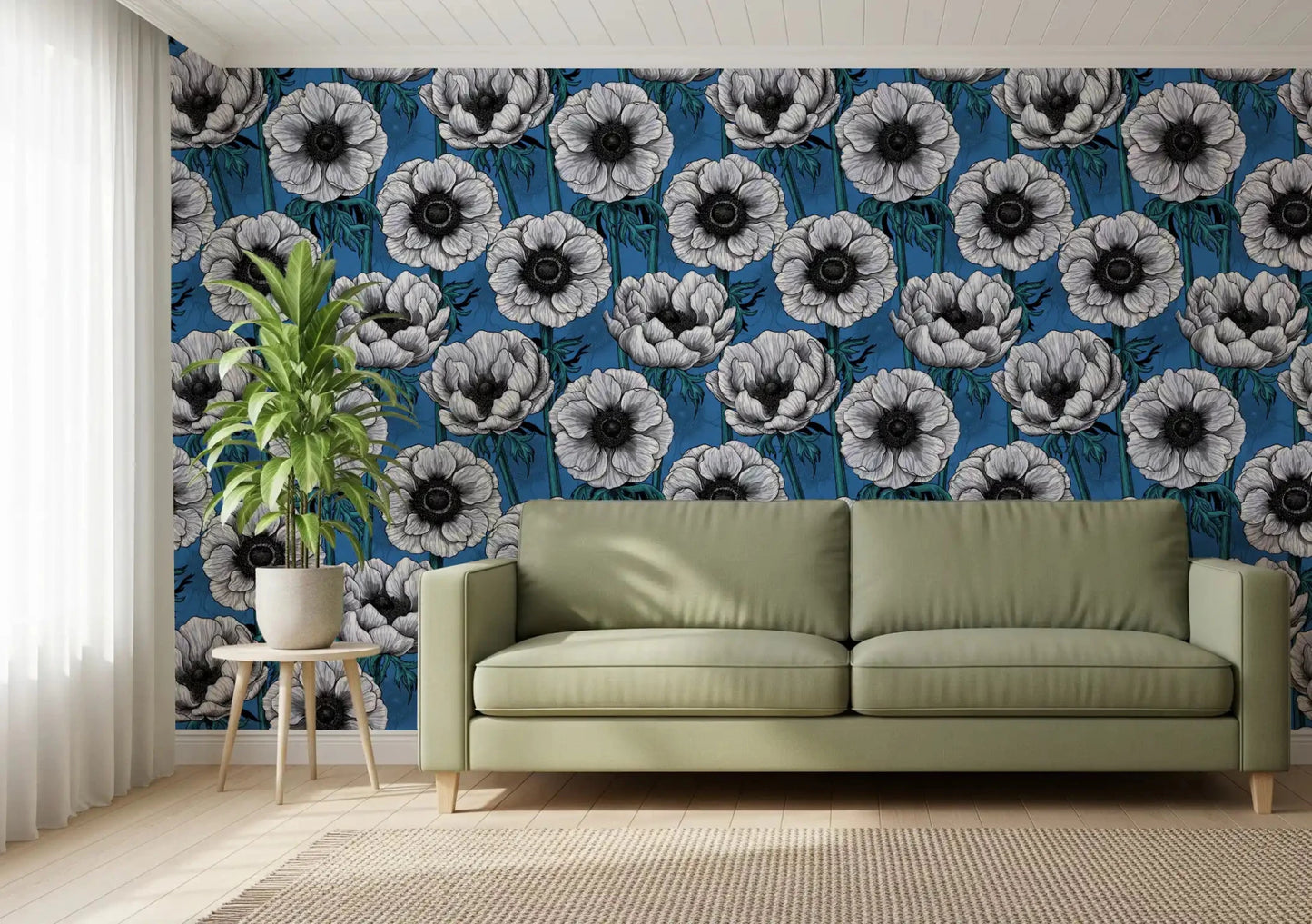 Blue floral surface showing White Anemone Garden wallpaper in full repeat