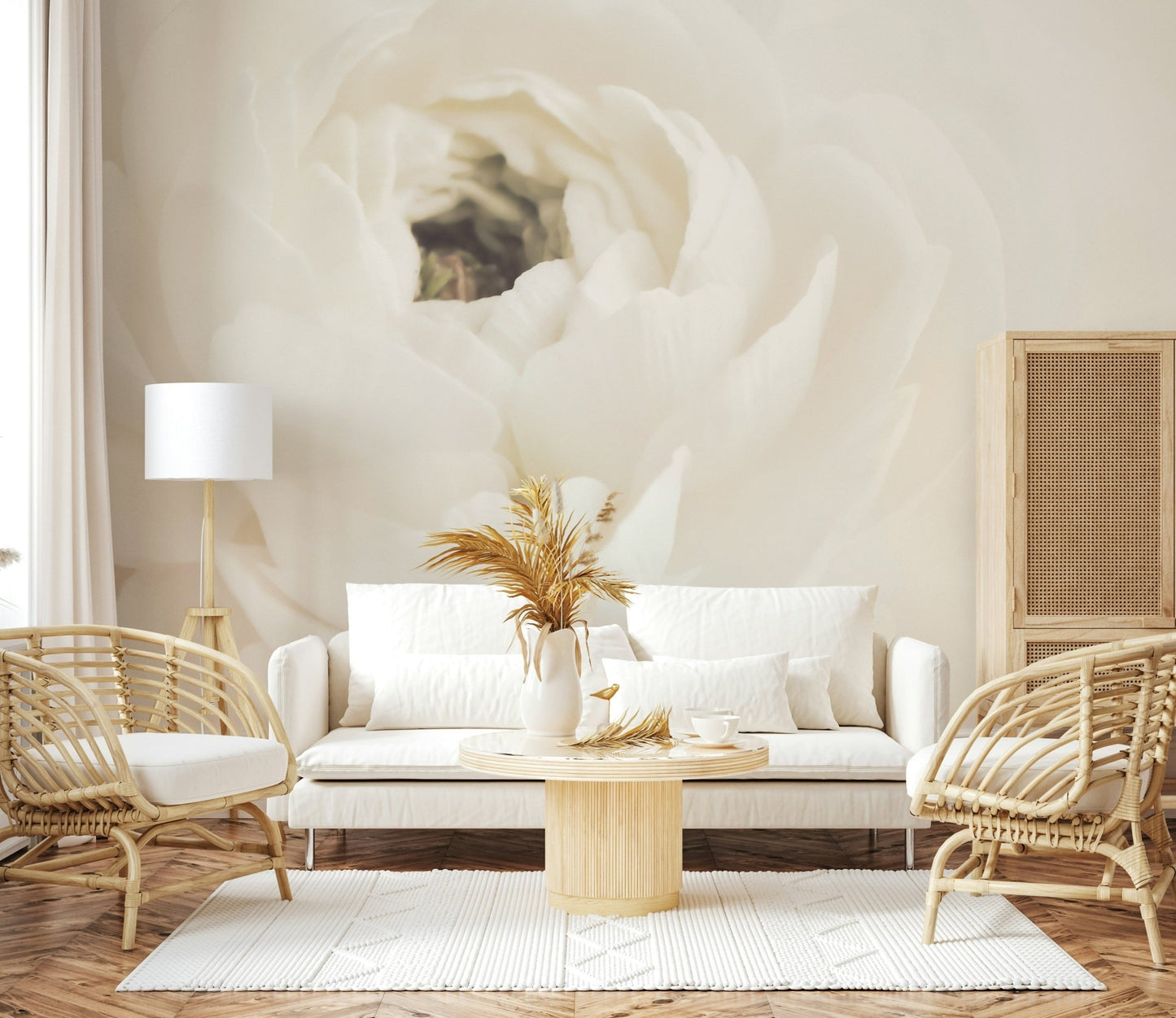 A beautiful white floral wallpaper mural for a modern home.
