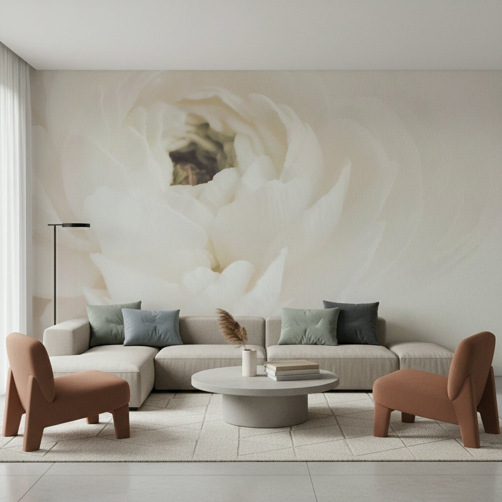 A peaceful flower design mural on decorative wallpaper.