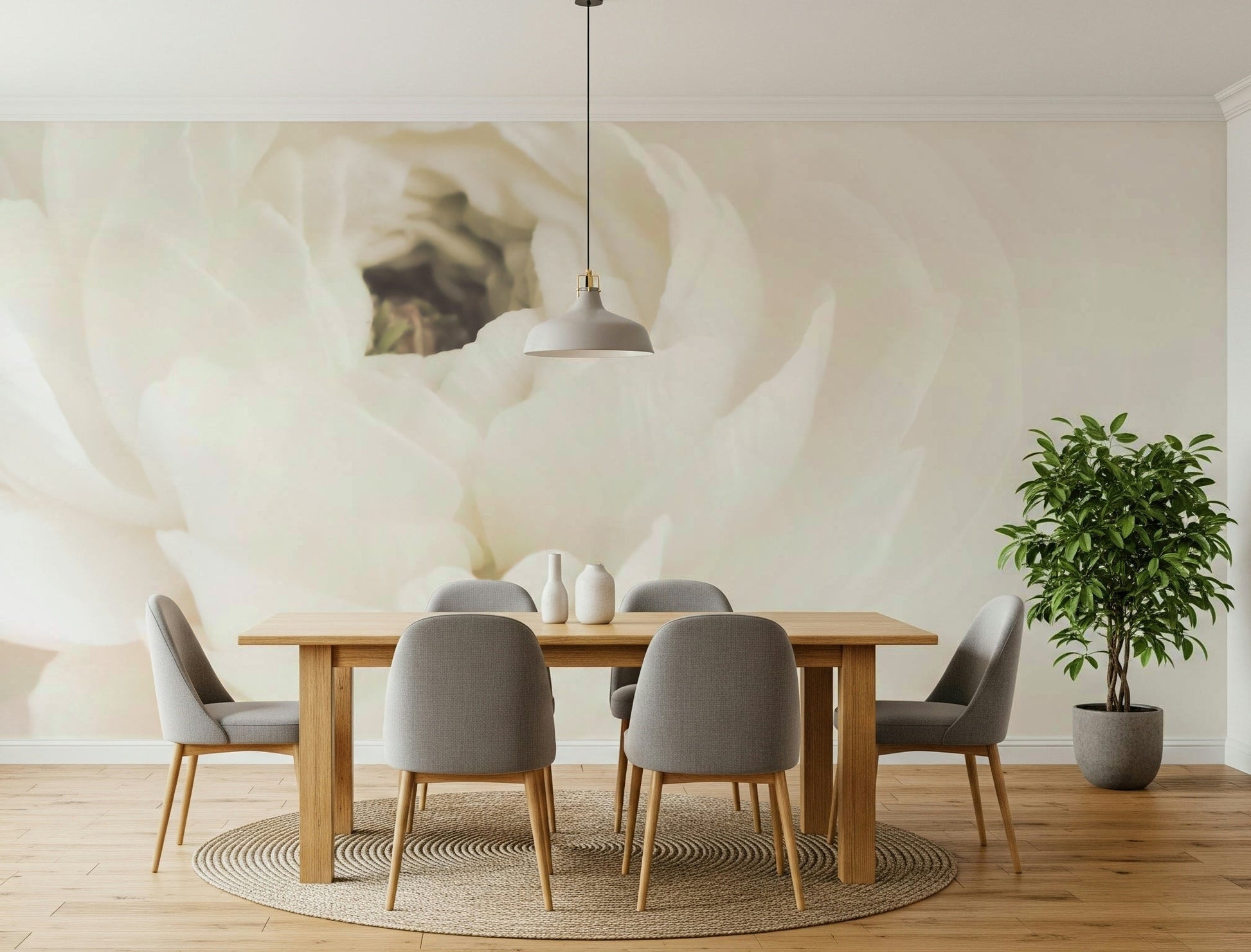 A graceful subtle flower wall mural in soft, white tones.