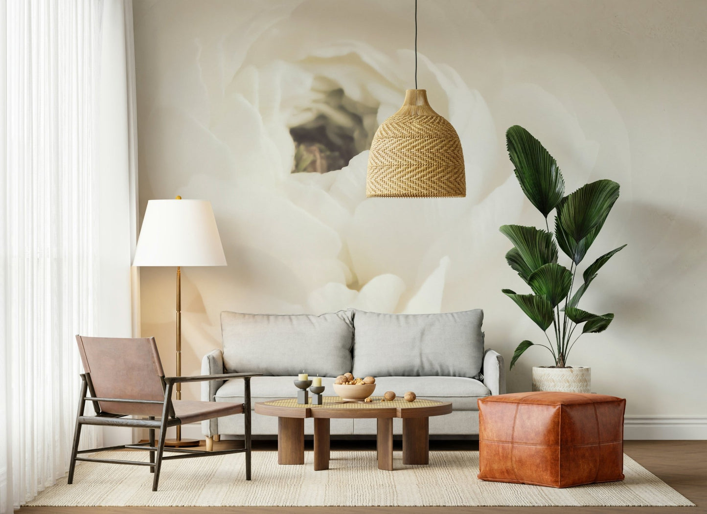 A calming floral design wallpaper mural that defines a space.