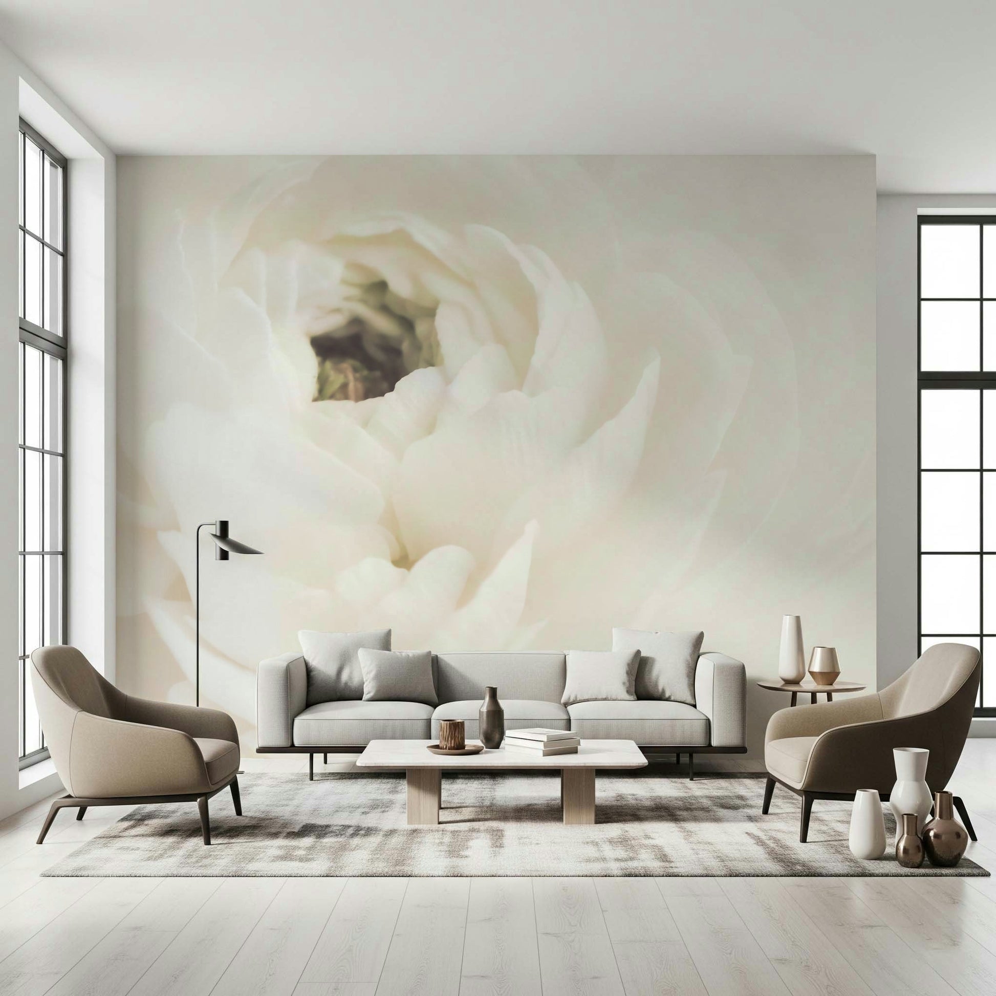 A contemplative floral pattern wallpaper mural for a feature wall.