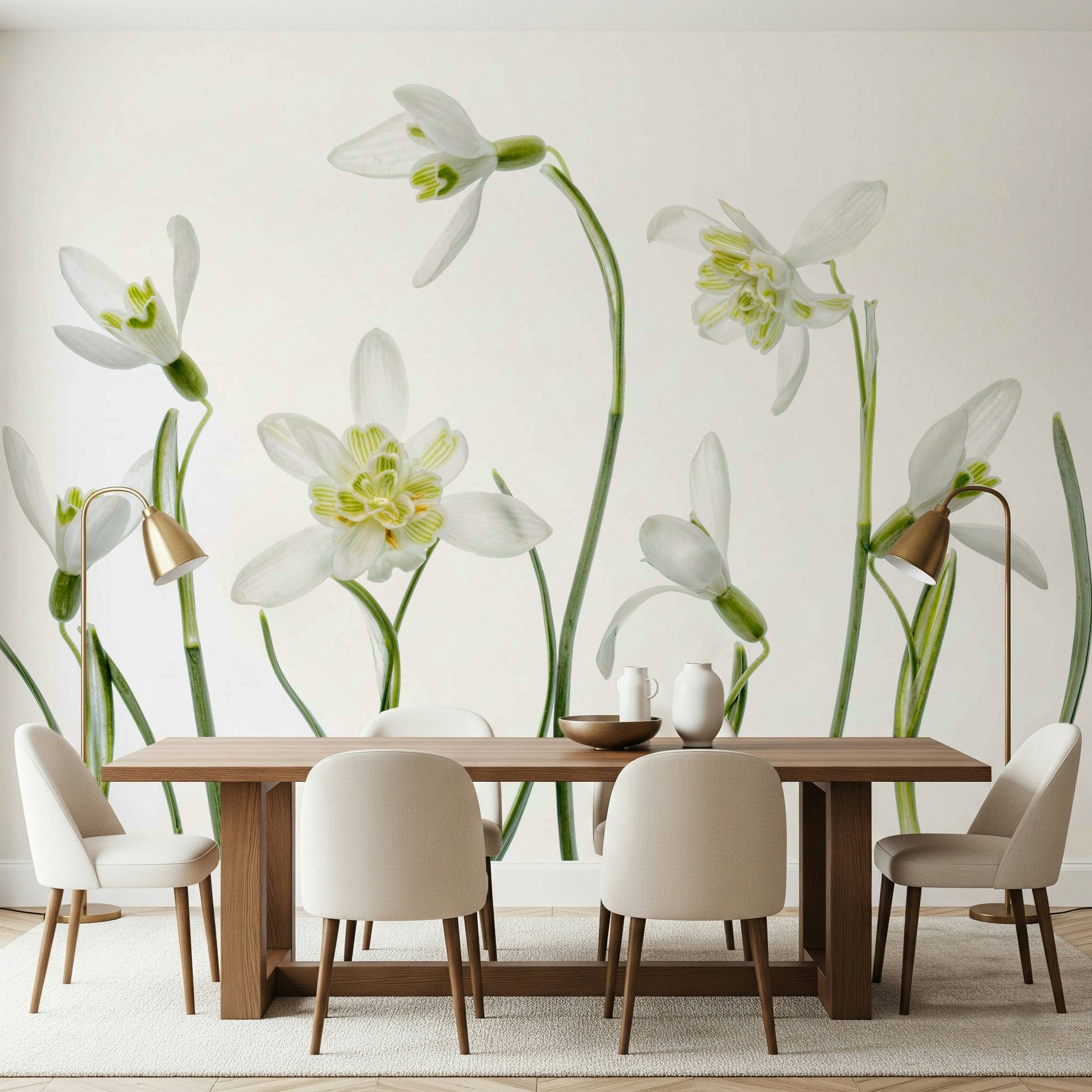 A graceful subtle bloom wall mural in soft, elegant tones.

