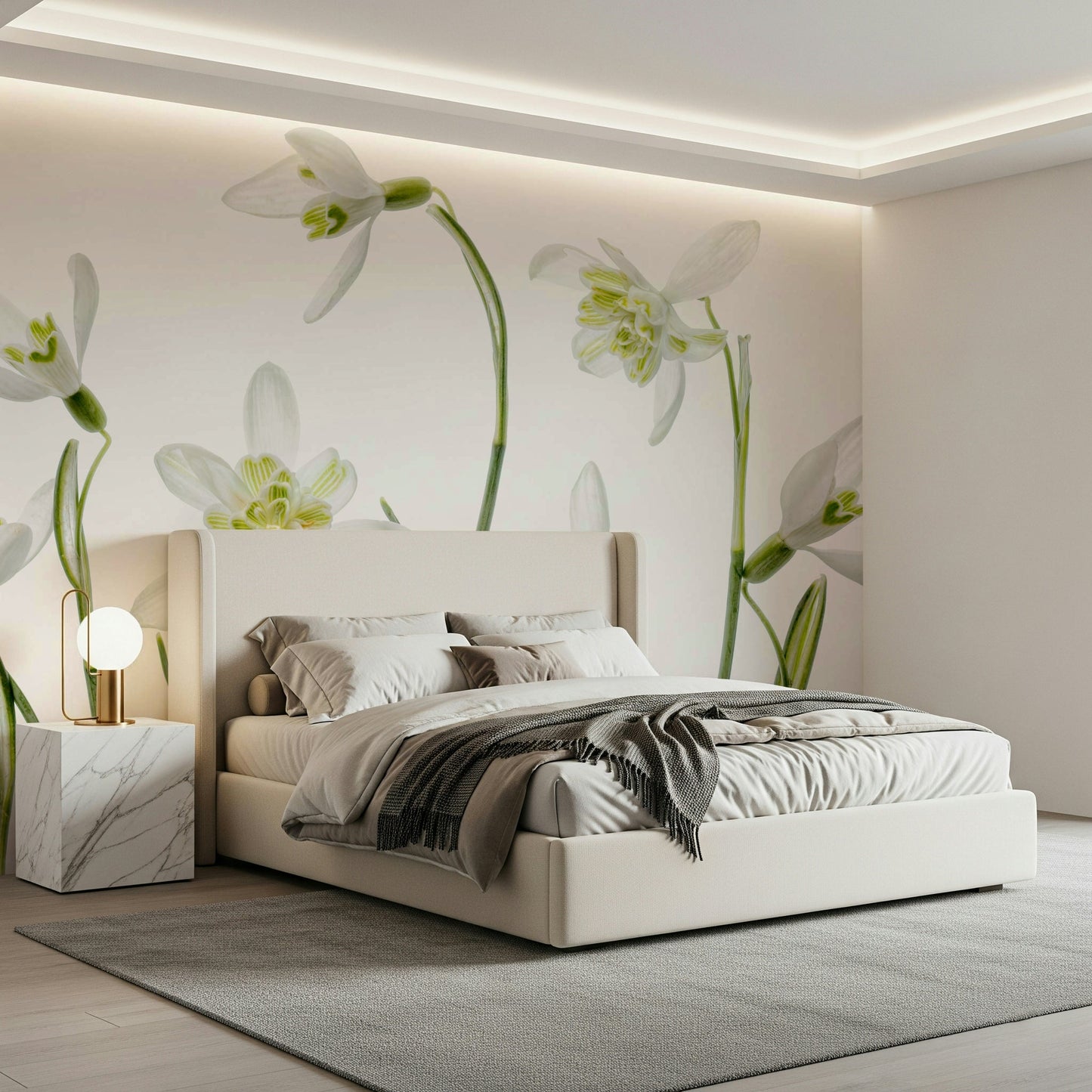 A beautiful subtle floral wallpaper mural in white and neutral tones.

