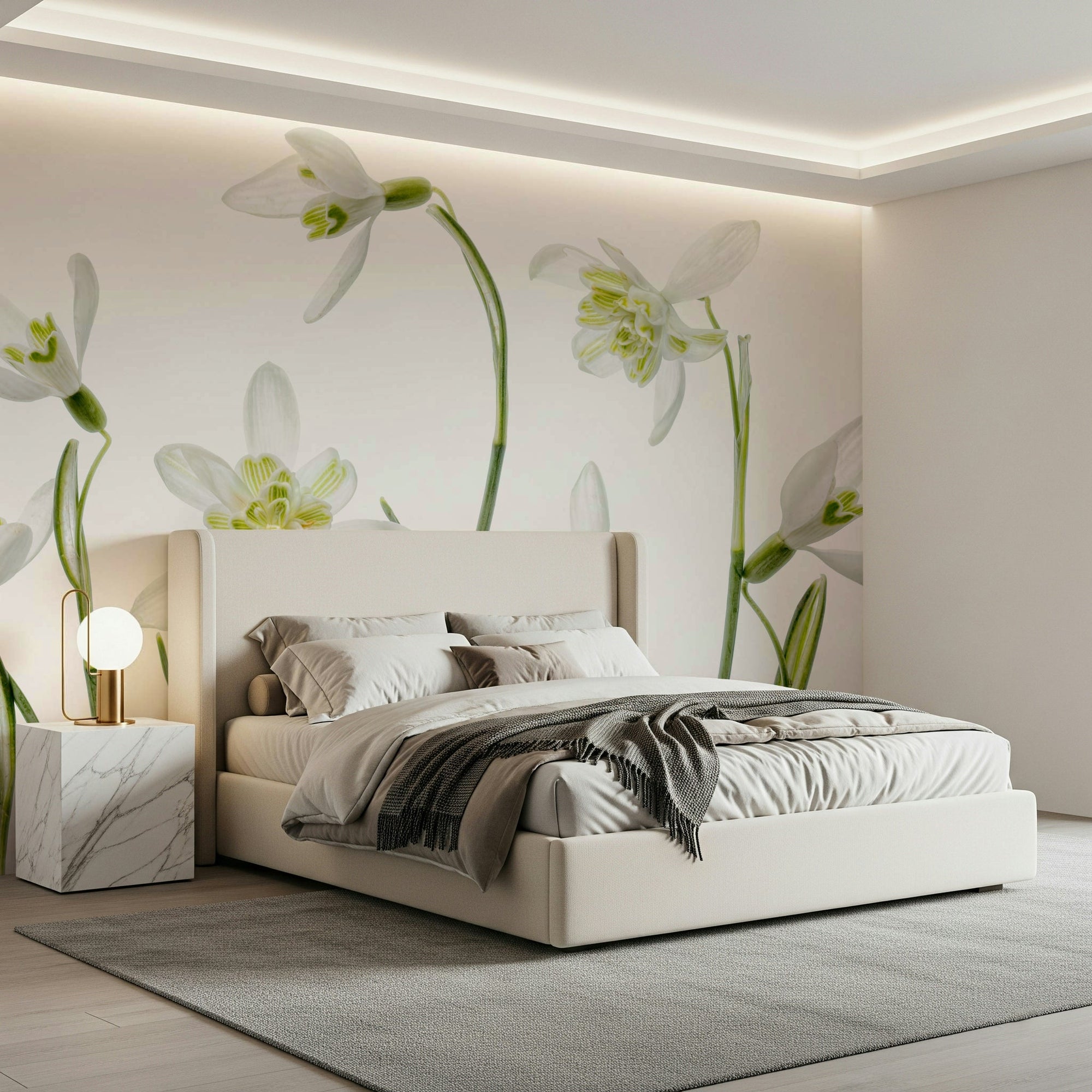 A beautiful subtle floral wallpaper mural in white and neutral tones., GD5198