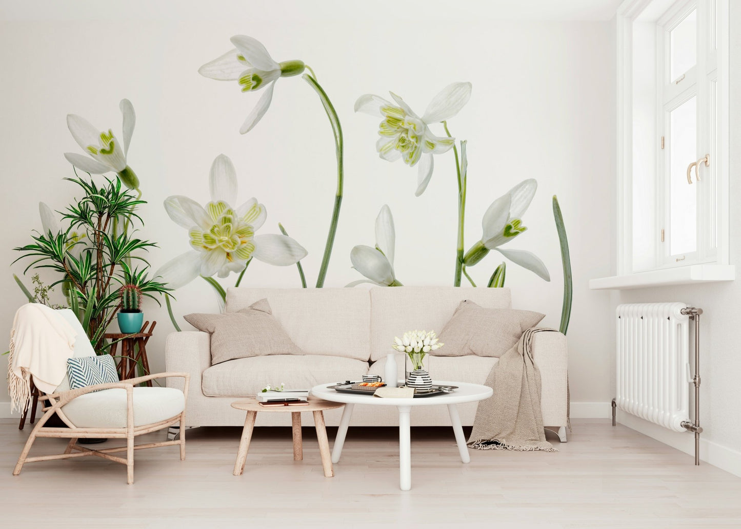 An artistic delicate bloom mural on minimalist wallpaper.

