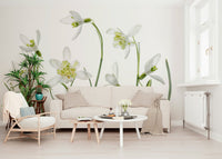 An artistic delicate bloom mural on minimalist wallpaper.

