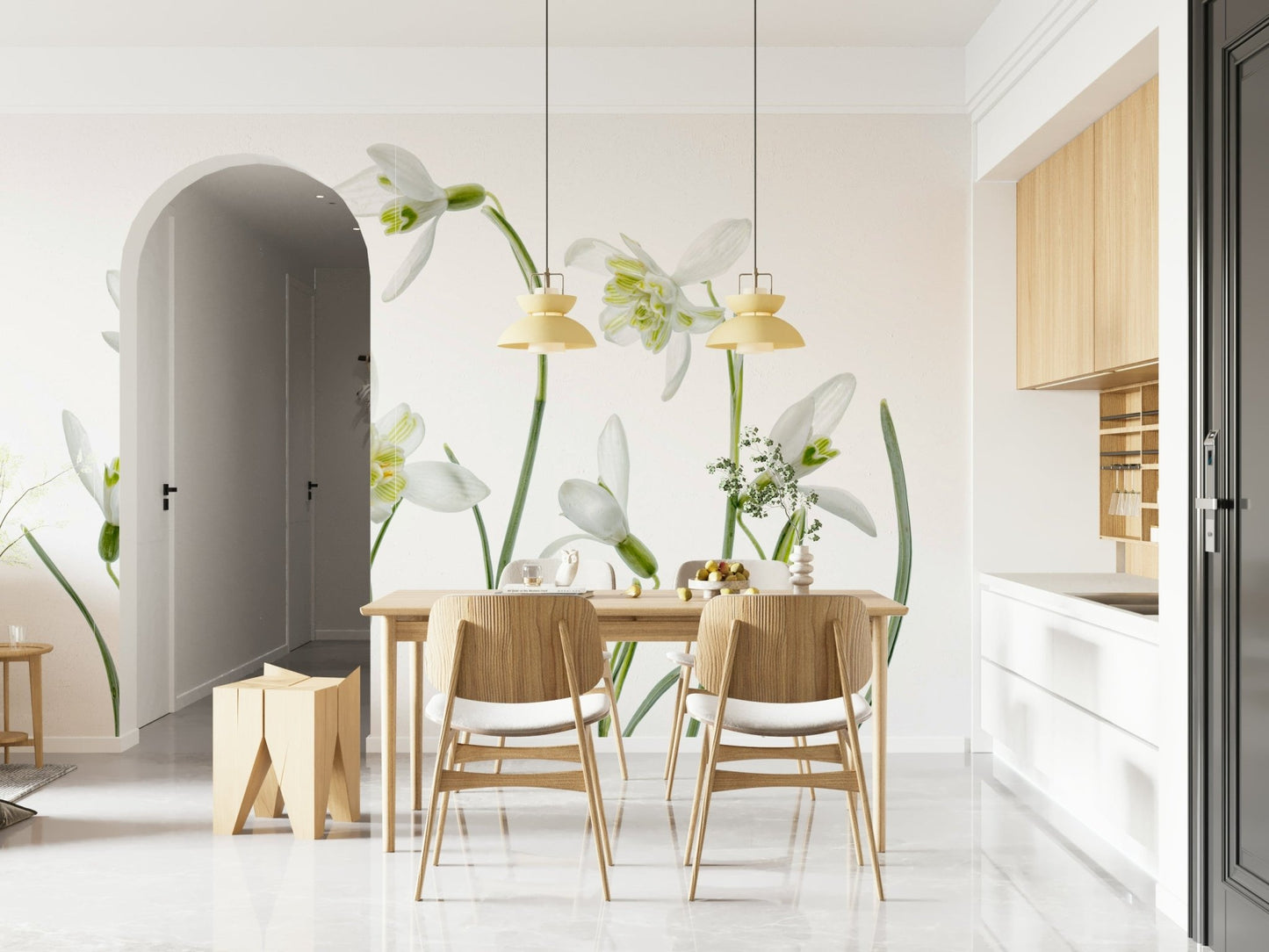 A peaceful flower design mural on decorative wallpaper.

