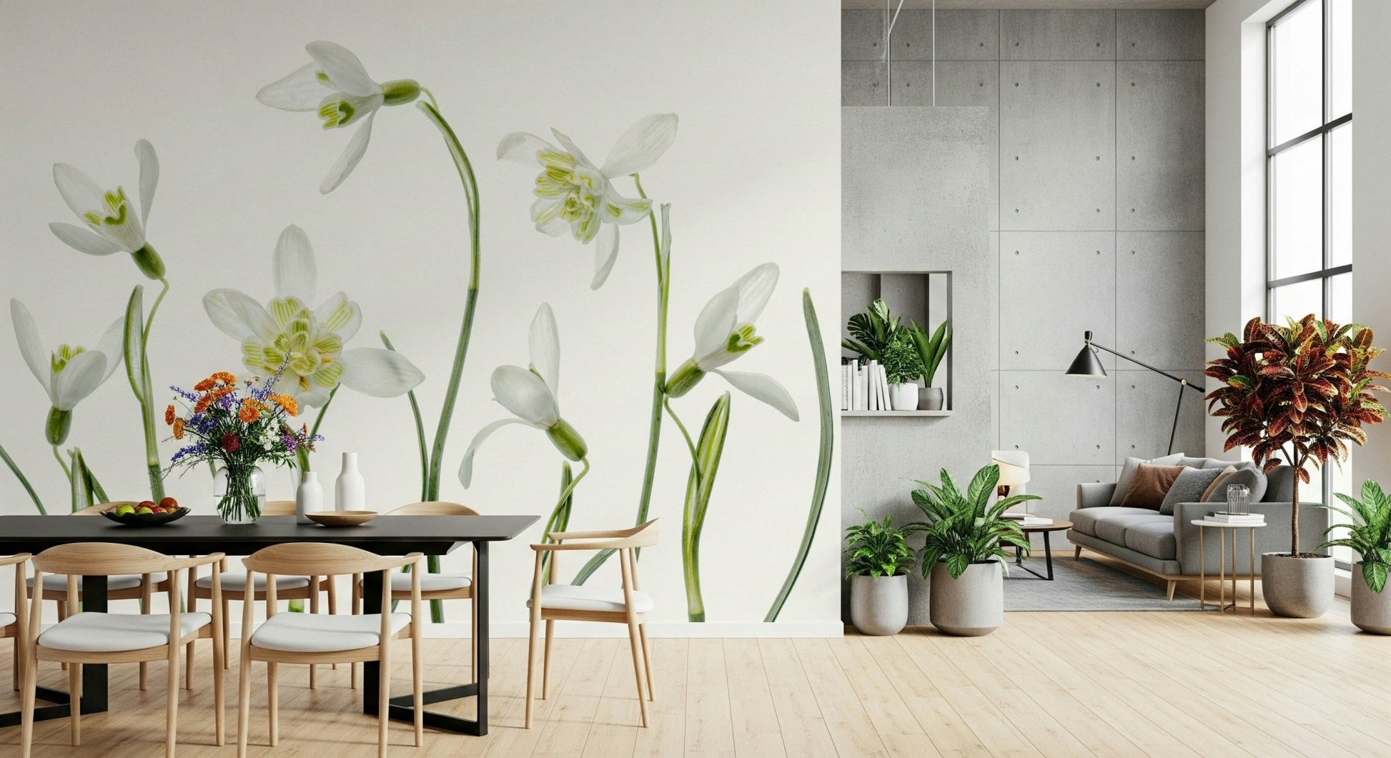 A contemplative floral pattern wallpaper mural for a feature wall.

