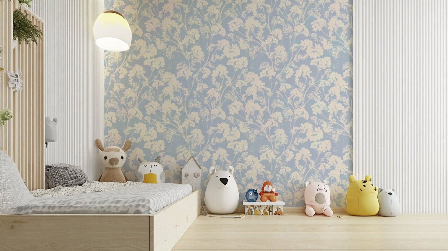 The wallpaper is installed in a tastefully decorated living room.
