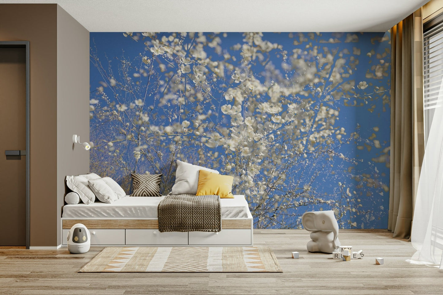 White Blossoms Against a Clear Blue Sky - Spring Nature Photography Wall Mural